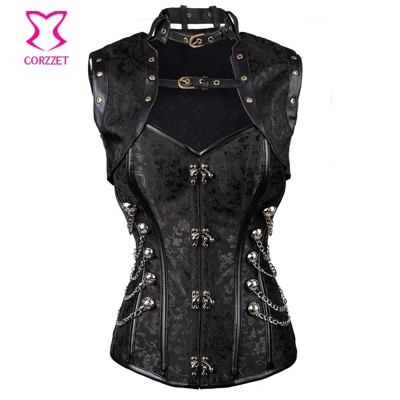 

Corzzet Black Brocade Steampunk Overbust And Jacket Waist Trainer Steel Boned Plus Size Sexy Gothic Corpetes E Espartihlos