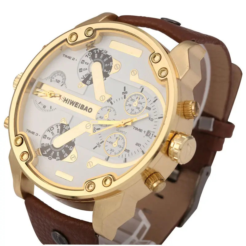 Brand Shiweibao Quartz Watches Men Fashion Watch Leather Strap Golden Case Relogio Masculino Dual Time Zones Military Wristwatch