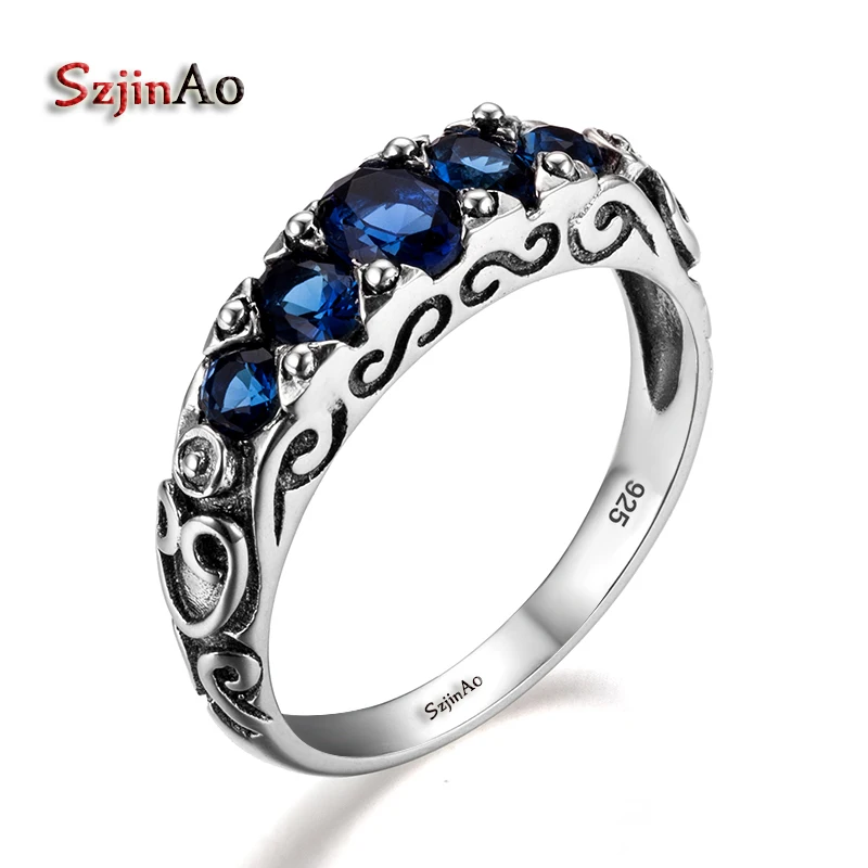 Szjinao Women Art Deco Ring 925 Sterling Silver Blue Sapphire Rings Gemstones September Birthstone Wedding  Engagement Party