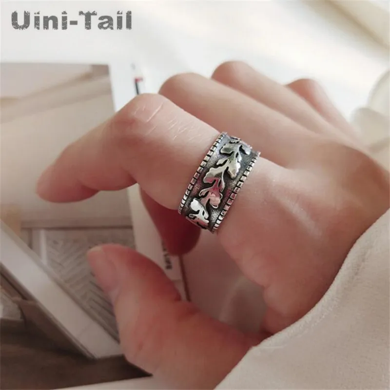 Uini-Tail new listing 925 Tibetan silver retro old leaves ring personality trend wide face embossed olive leaf open ring  JZ033