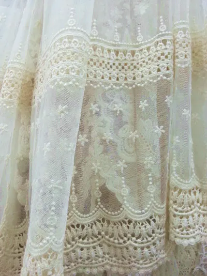 Ivory Lace Fabric, Vintage Embroidered Tulle Lace Fabric Home Decors