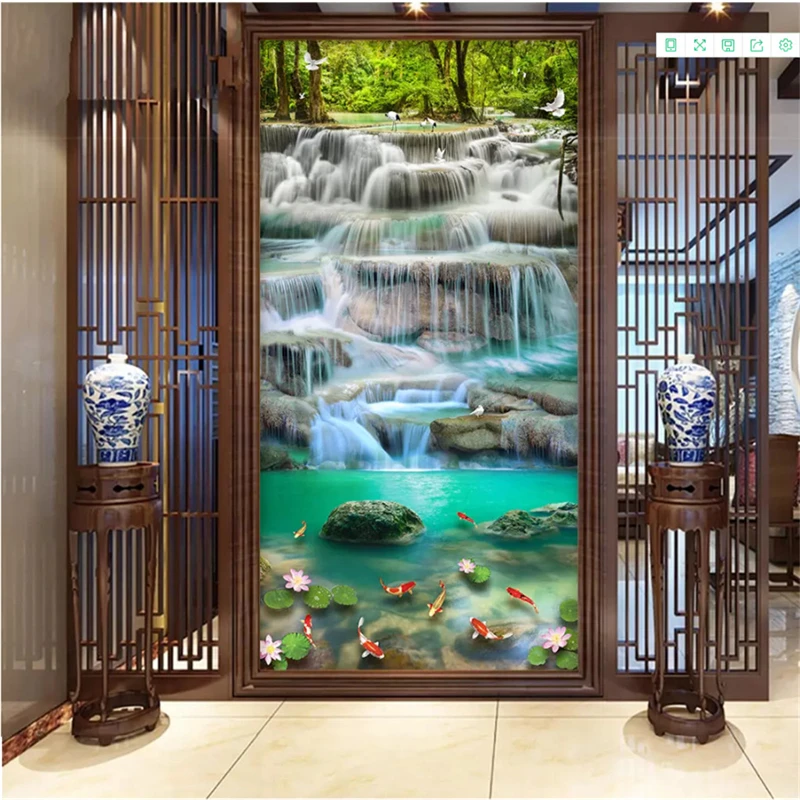 

beibehang 3d wallpaper Classic decorative painting three-dimensional realistic waterfall carp lotus porch background wall paper