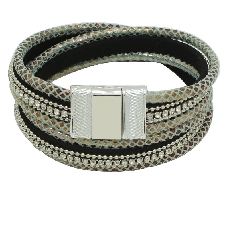 2016 New Fashion Rhinestone Bracelet Wide Magnetic Leather Bracelets & Bangles Multilayer Bracelets Jewelry For Women Men Gift