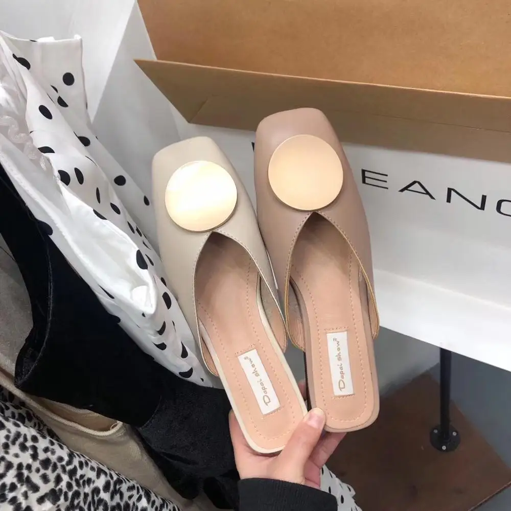 2019 Summer Women Mules Slippers Elegant Leather Ladies Low Heel Outdoor Slippers Slides Summer Sandals Chaussures Femm