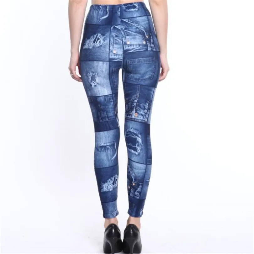 Chsdcsi Musim Panas Dicetak Legging Workout Celana Elastis Tinggi Pinggang Wanita Leggins Faux Denim Jeans Legging Sexy Kebugaran Legging