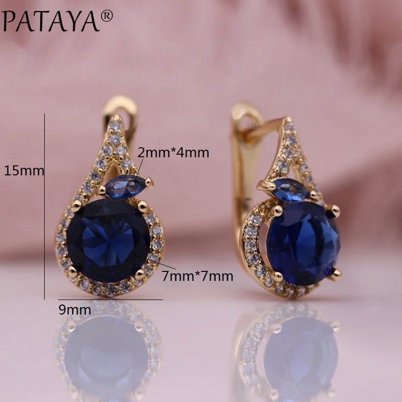 PATAYA New Women Fine Noble Horse Eye Dangle Earrings 585 Rose Gold Color Round Blue Natural Zircon Wedding Cute Fashion Jewelry