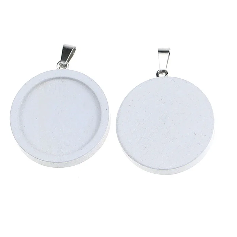 10pcs White Wood Stainless Steel Pendant Settings Clasps Cabochon Base Bezel Trays Blank Fit 20mm 25mm Cabochons Cameo DIY