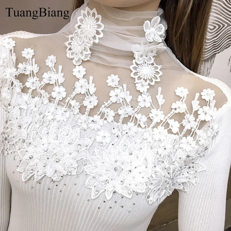 2022 New Lace Turtleneck Patchwork Pullovers Sweaters Spring Hollow Out Diamond Long Sleeve Sweater Women Winter pullover Jumper