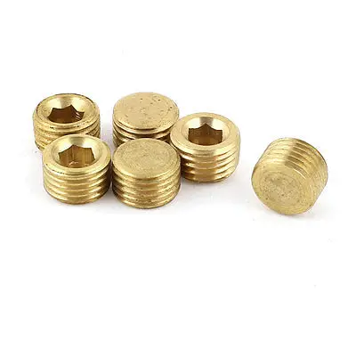 6PCS Air Pneumatic 1/4PT Male Thread Hex Head Pipe Plugs Brass Tone