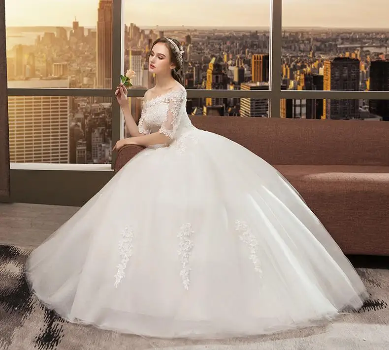 VENSANAC Boat Neck Ball Gown Crystal Bow Sash Wedding Dresses Lace Appliques Half Sleeve Backless Bridal Gowns