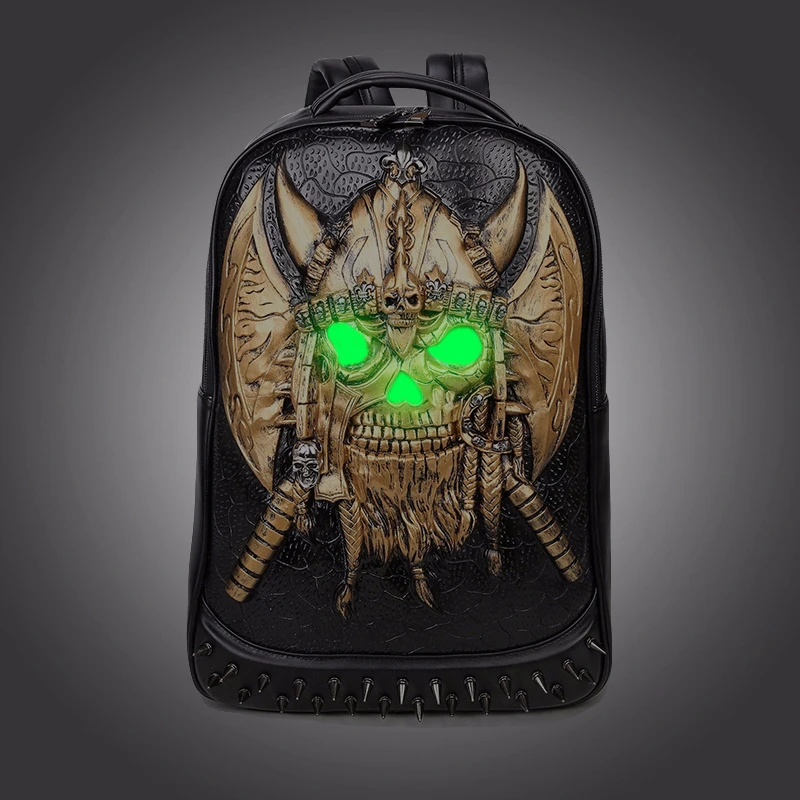 New Fashion Personality 3D Skull Leather Backpack Rivets Skull Backpack With Hood Cap Apparel Bag Cross Bags Hiphop Man 737