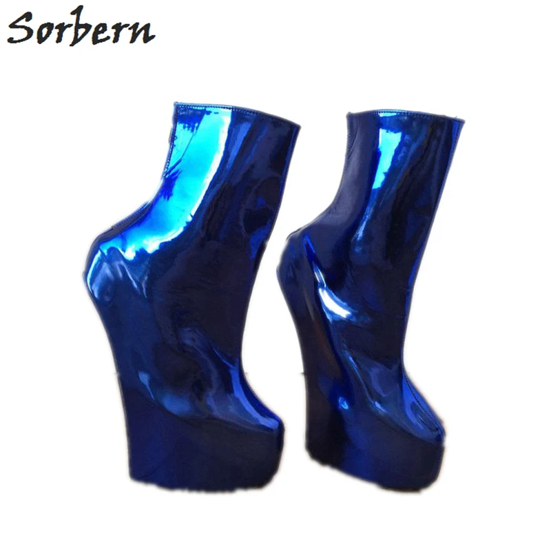 Sorbern Royal Blue Metallic Ankle Boots For Women Hoof Heelless Short Ladies Boots Platform Shoes Custom Colors Wide Calf Shoes