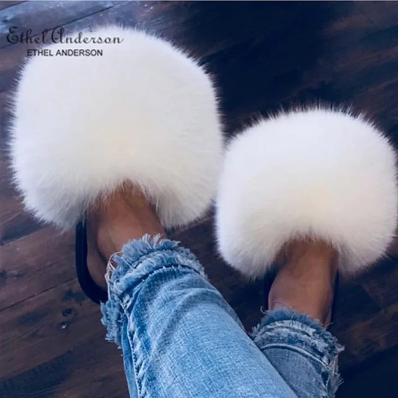 Women's Furry Slippers Ladies Real Plush Fox Raccoon Hair Slippers Good Quality Slide On Indoor Outdoor Slippers