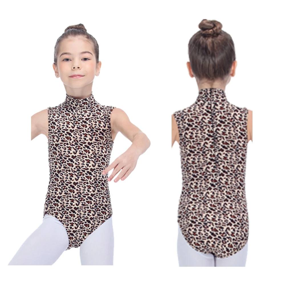 Girls Leopard Tank Cool Lycra Leotard with High Neck for Kids Ladies Practice Ballet Gymnastics Bodysuit