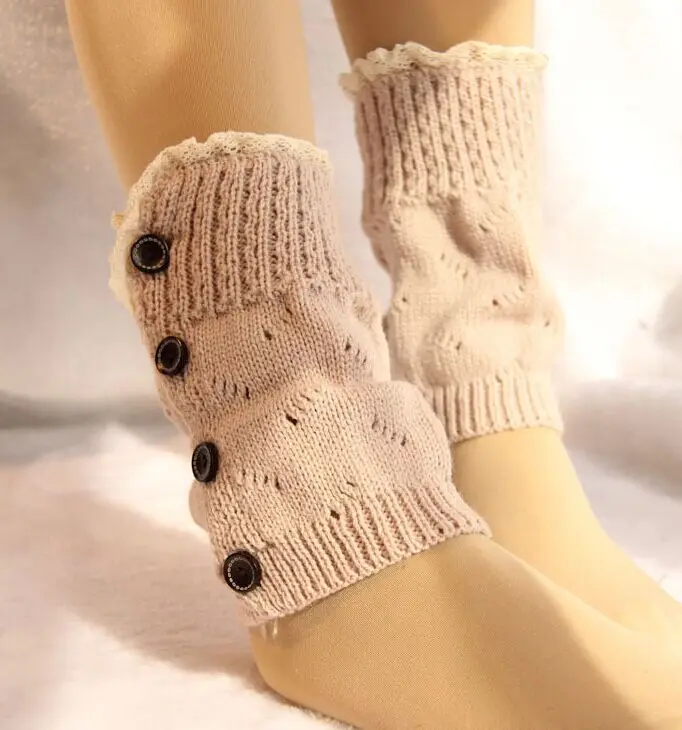 2016 Women short Knitted button down Boot Cuffs Laced Trim Toppers Socks leg warmers Crochet booty Gaiters 20pairs/lot #3870