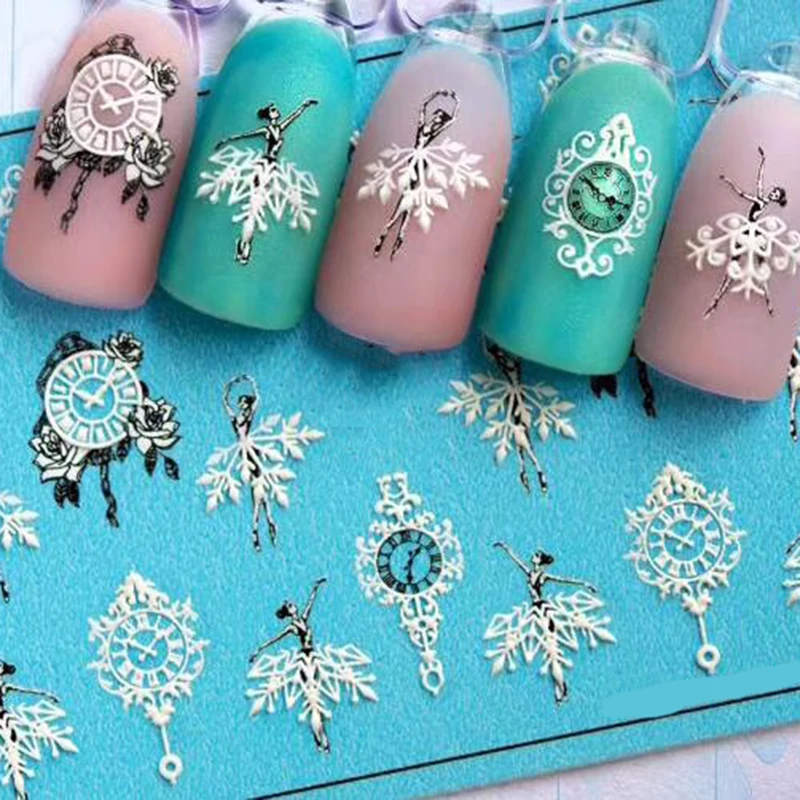 3D Acrylic Engraved  Nail Sticker  beautiful  dancing  gril snow shape Water Decals Empaistic Nail Water Slide Decals Z0200