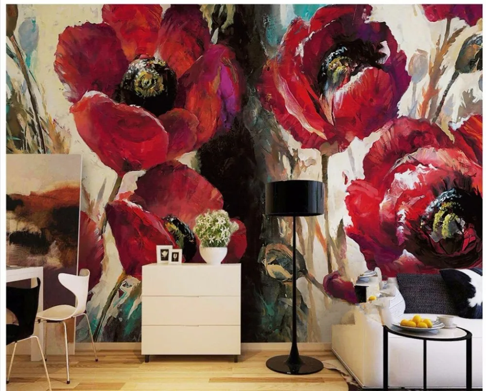 

beibehang Custom 3d illustration mural European retro red poppy flower painting background wallpaper living room papel de parede