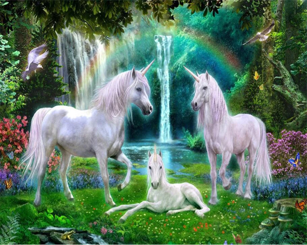 

Custom Wallpaper photos green forest rainbow lawn white horse children's room background wall Mural home decoration 3d Wallpaper