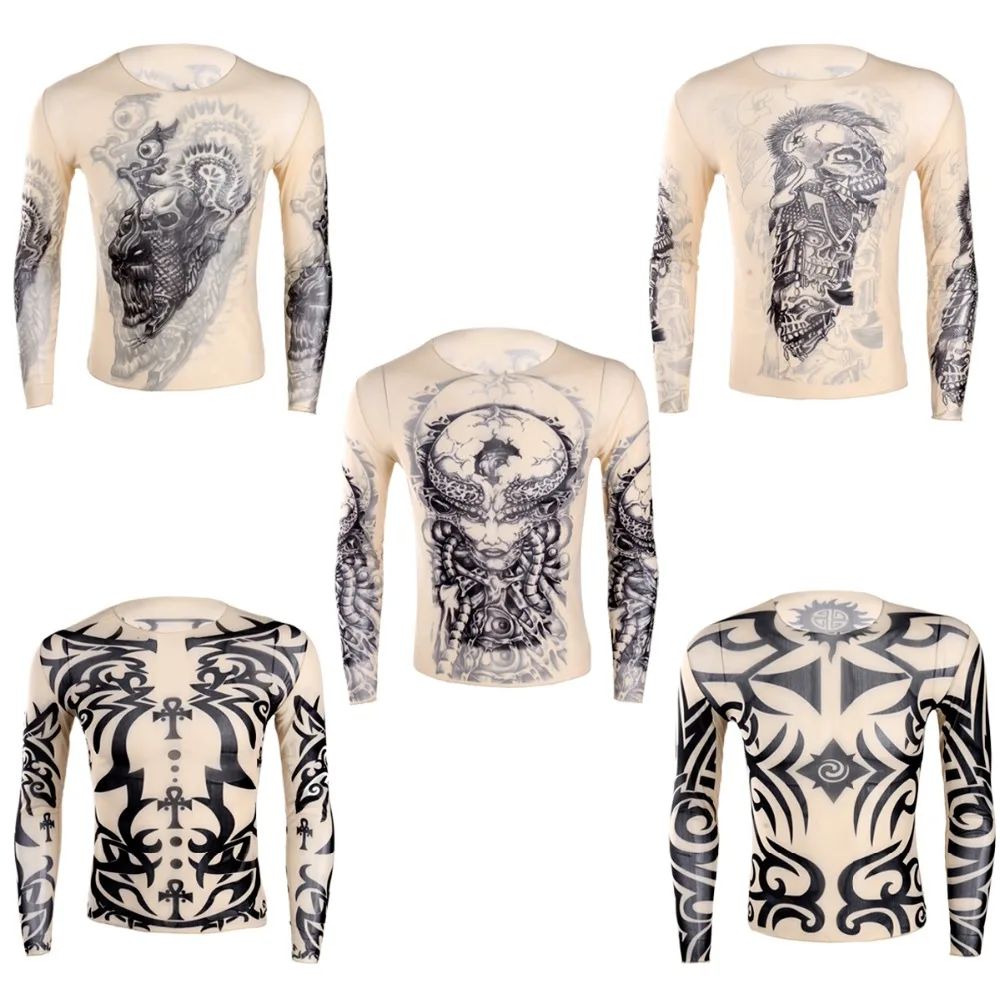 FEESHOW Men Fake Tattoo Design Elastic Long Sleeve T-Shirt Sweater Tattoo Mesh O-Neck Tee For Halloween Costumes Carnival Shirts