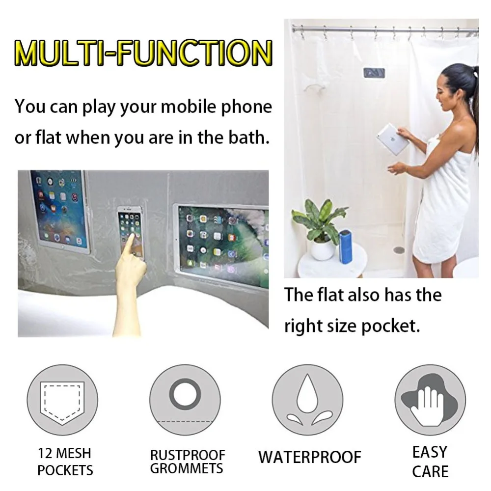 iPad Mount Clear Shower Curtain Liner Tablet or Phone Holder Waterproof 8 Gauge EVA 72x72 Bathroom