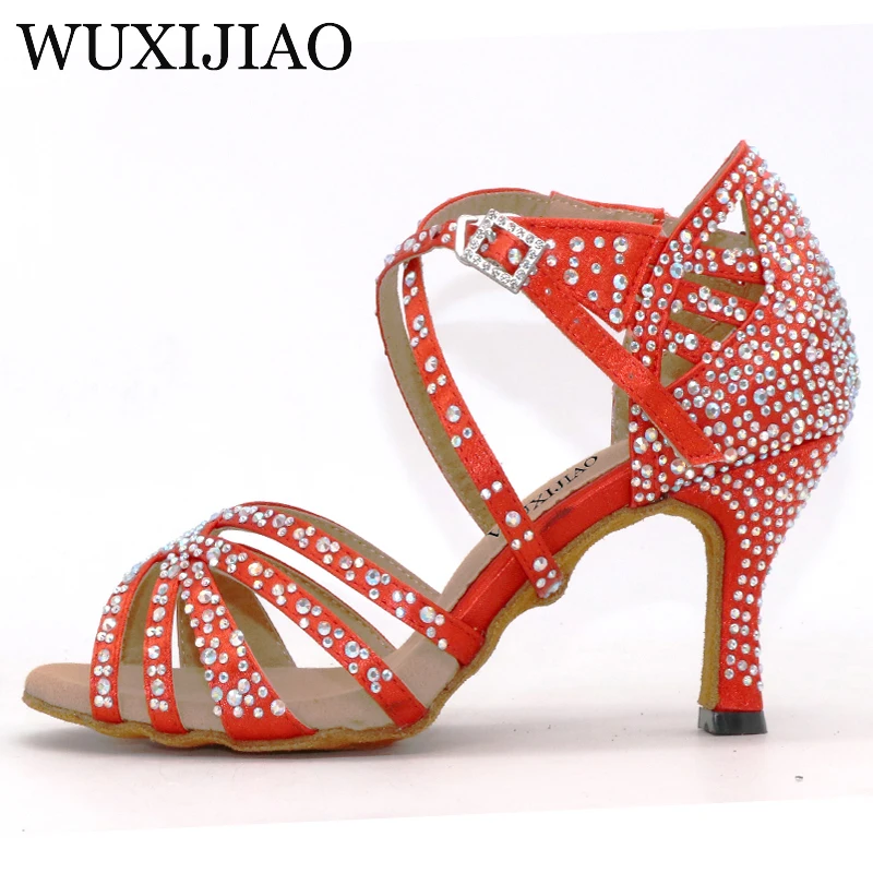 WUXIJIAO Latin dance shoes big small rhinestone bright Red blue satin Women Salsa dance shoes wedding party shoes Flare 7.5cm