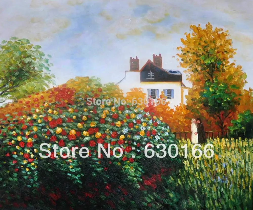 Handpainted Oil Canvas Wall Art - Artist's Garden by Claude Monet Paintings for Living Room Horizontal