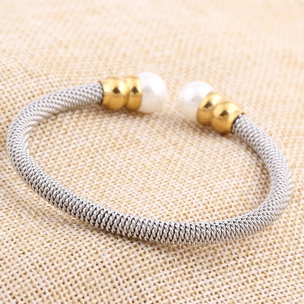 New Arrivals Stainless Steel Bracelets Bangles Smooth Steel Twisted Wire Bracelet Pearl Charm Bangle Accessories For Women