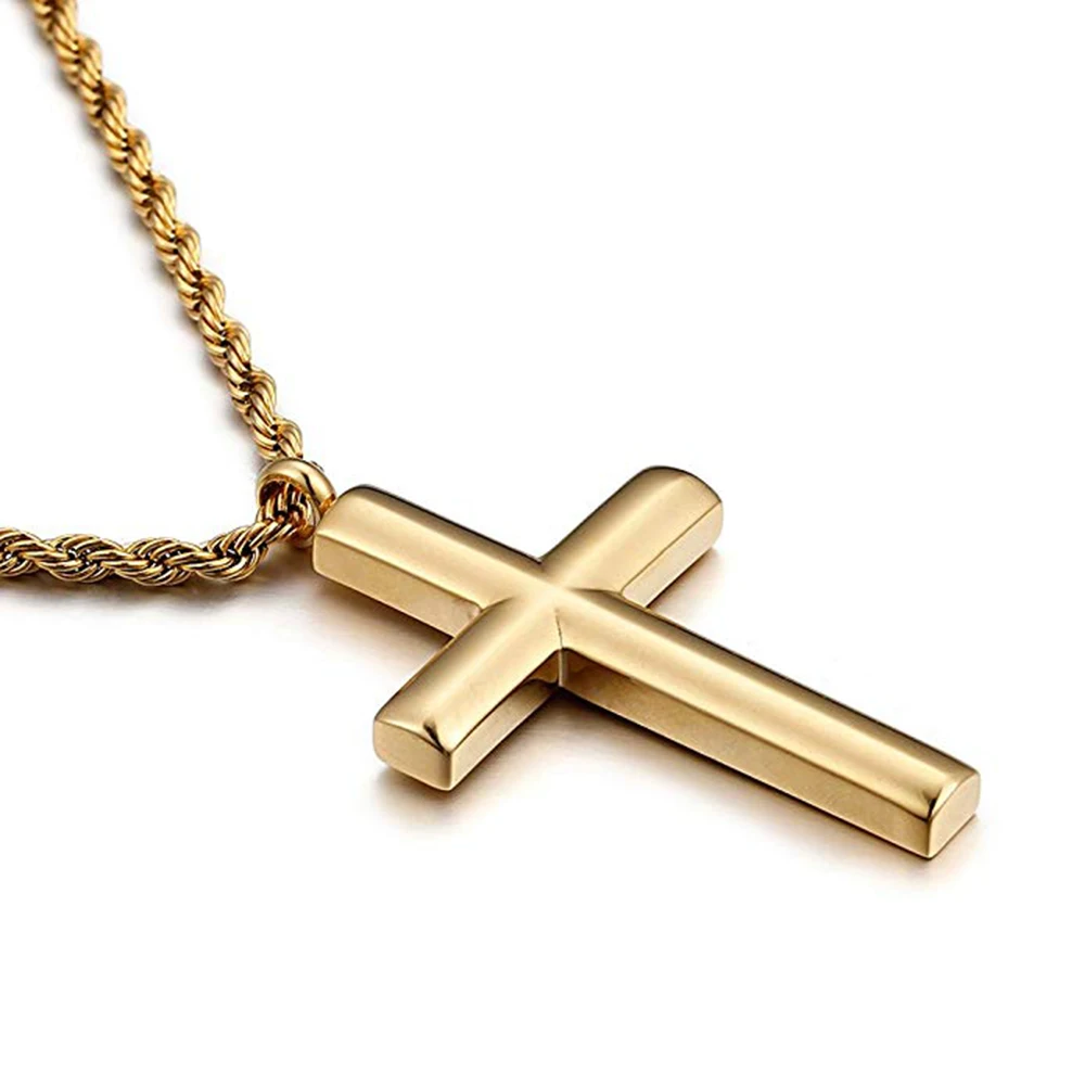 Punk Twist Rope Chain Cross Pendant Men Women Hiphop Gold Silver Color Polished Stainless Steel Cross Necklace Male Jewelry