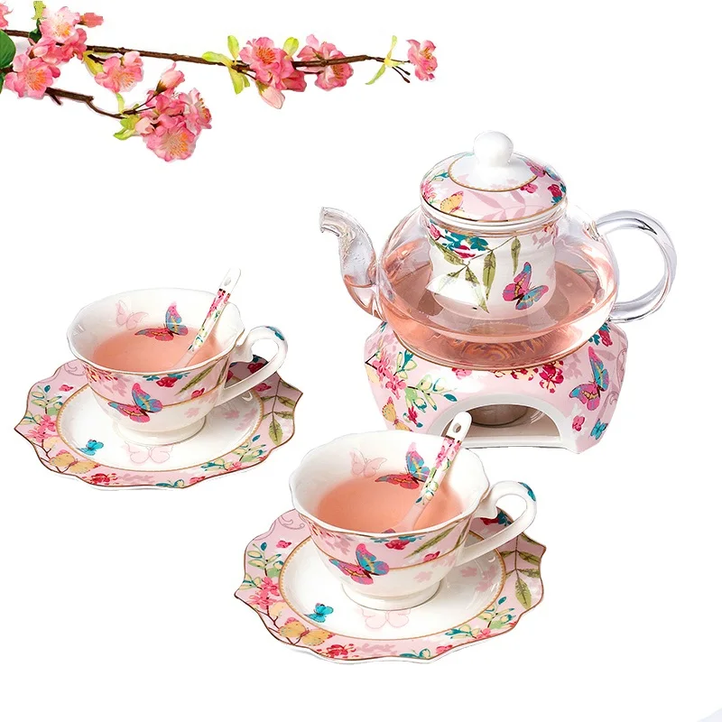 Fashion Butterfly Teapot Cup Set With Heating Base Elegant Bone China Heat Resistant Glass Teapot Afternoon Teaware Gift Box