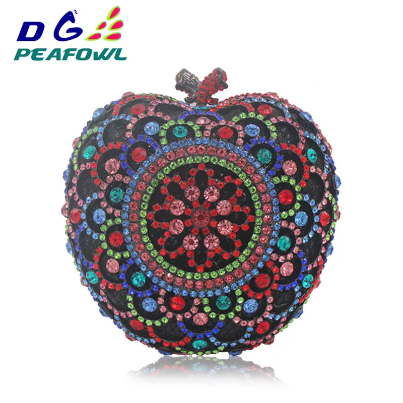 Colorful Hollow Out Apple Shape Women Gold Crystal Clutch Evening Bag Wedding Party Cocktail MInaudiere Handbag Purse