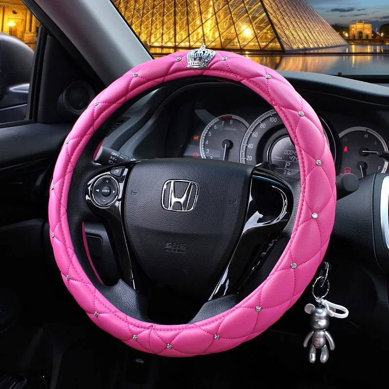 Bling Rhinestone Car Steering Wheel Cover Leather Crown Auto Steering-Covers Handle Cases Diamond For Women Girls Styling Gadget