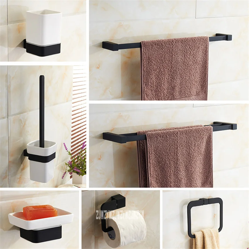 

Bathroom 8 Pieces Combination Set Black Simple Lacquer Bathroom Brush Cups Soap Holder Towel Ring Racks Bathroom Hardware Set