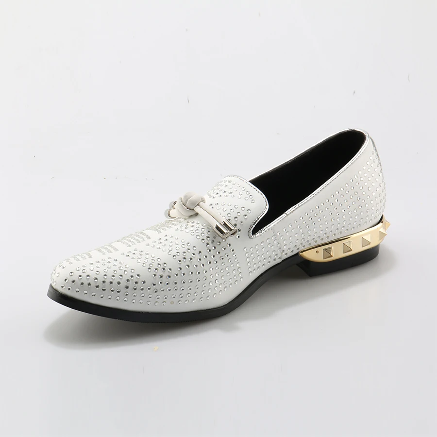 White Genuine Leather Men\'s Shoes Rhinestone Studded Casual Shoes Crystal Loafers Mens Party Dress Shoes Espadrilles Flats