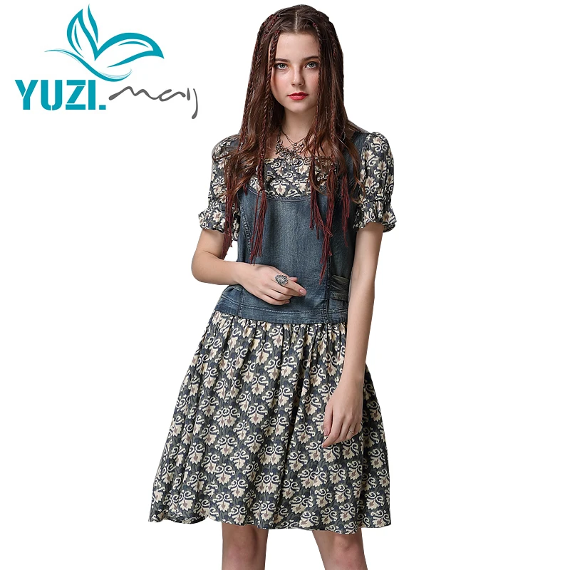 Sommer Kleid 2018 Yuzi. kann Boho Neue Frauen Kleider O-ansatz A-line Kurzarm Denim Patchwork Floral Print Vestidos A82078