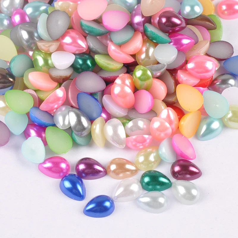 100pcs 8x6mm Mix Color Drop-shaped Imitation Half Round Pearl Flatback Beads for Scrapbook DIY Decoration YKL0718