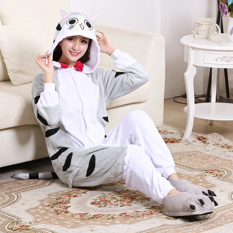 Flannel Cheese Cat Kigurumi Pajamas Anime Onesies For Adults Back Zipper Women One-Piece Pyjama Sleepwear Men Cosplay Costume