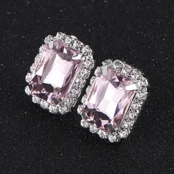 Fashion Pink Multicolor Crystal Oblong Clip Earrings For Women Jewelry Rhinestones Bridal Earrings Wedding Prom Jewelry Gifts