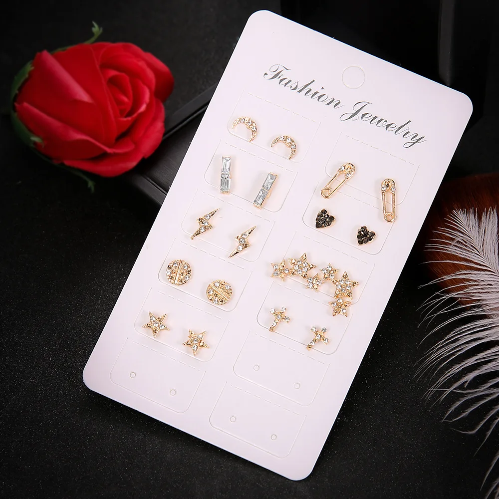 9 Pairs Bohemia Mix Design Moon Star Crystal Piercing Earrings for Women Gold Color Small Heart Cross Ear Studs Cuff Earring Set