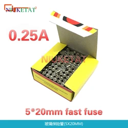 100pcs/box 5*20mm 0.25A 250V Fast fuse 5*20 F0.25A 250mA 250V Glass Fuse 5mm*20mm