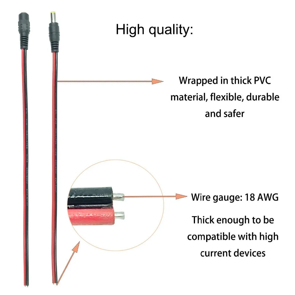 10คู่DC Power Pigtailชายหญิง12Vปลั๊กอะแดปเตอร์เสียบปลั๊กDC Plug Pigtailกล้องวงจรปิดกล้องDVR LED Light