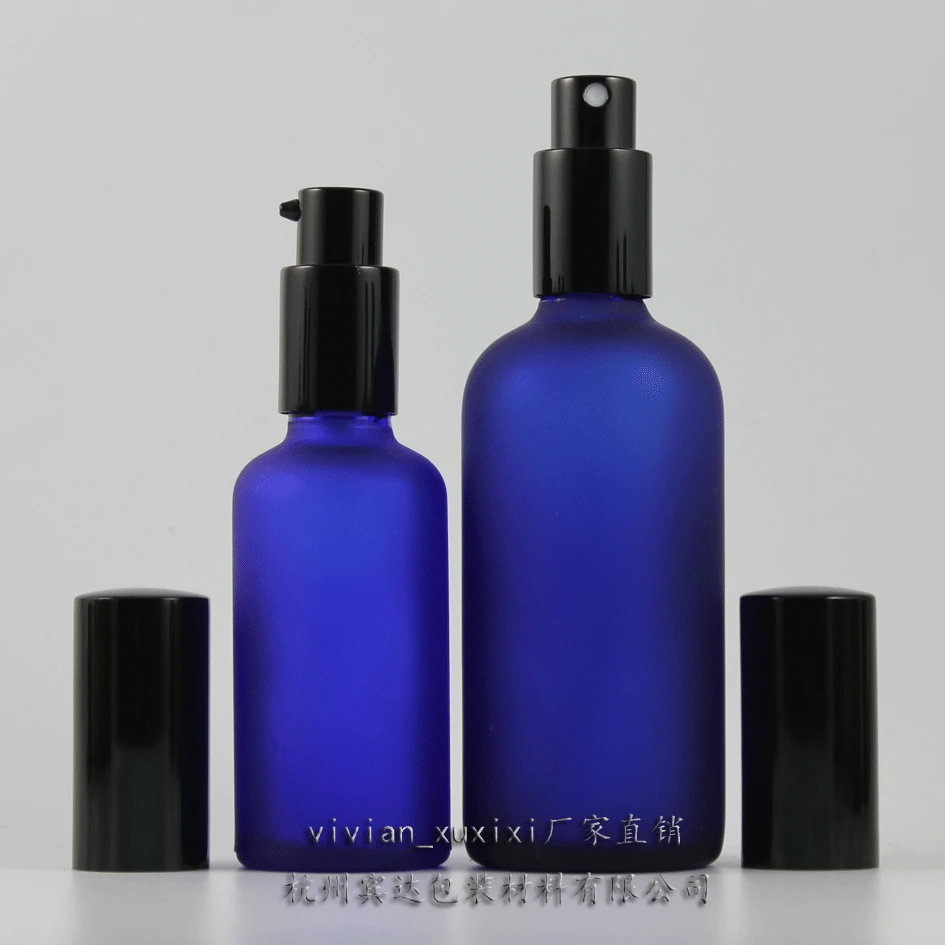 100pcs 100ml blue frosted Glass perfume Bottle With aluminum black mist sprayer