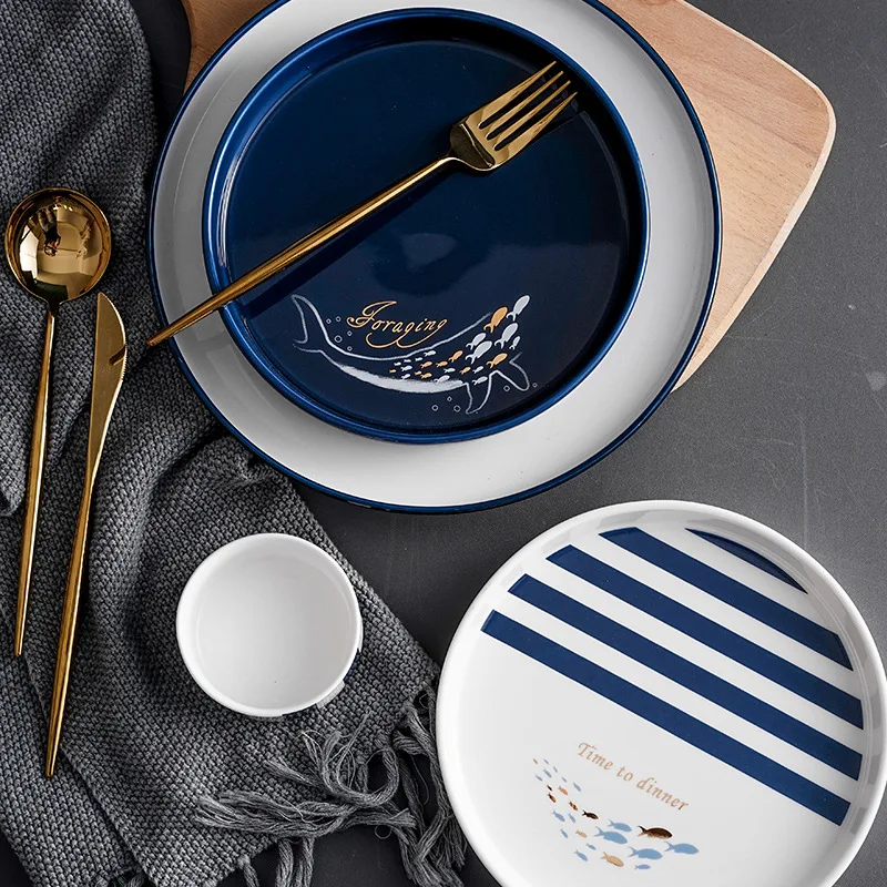 Nordic gold ceramic dishes Western blue Salver breakfast plate salad plate cute dessert tray  blue kitchen accessories Solid