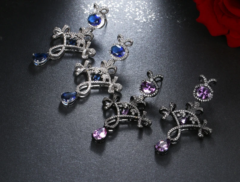 EMMAYA Fashion Luxurious Unique Micro Paved Blue Purple CZ Crystal Drop Earrings for Women Charming Wedding Jewelry