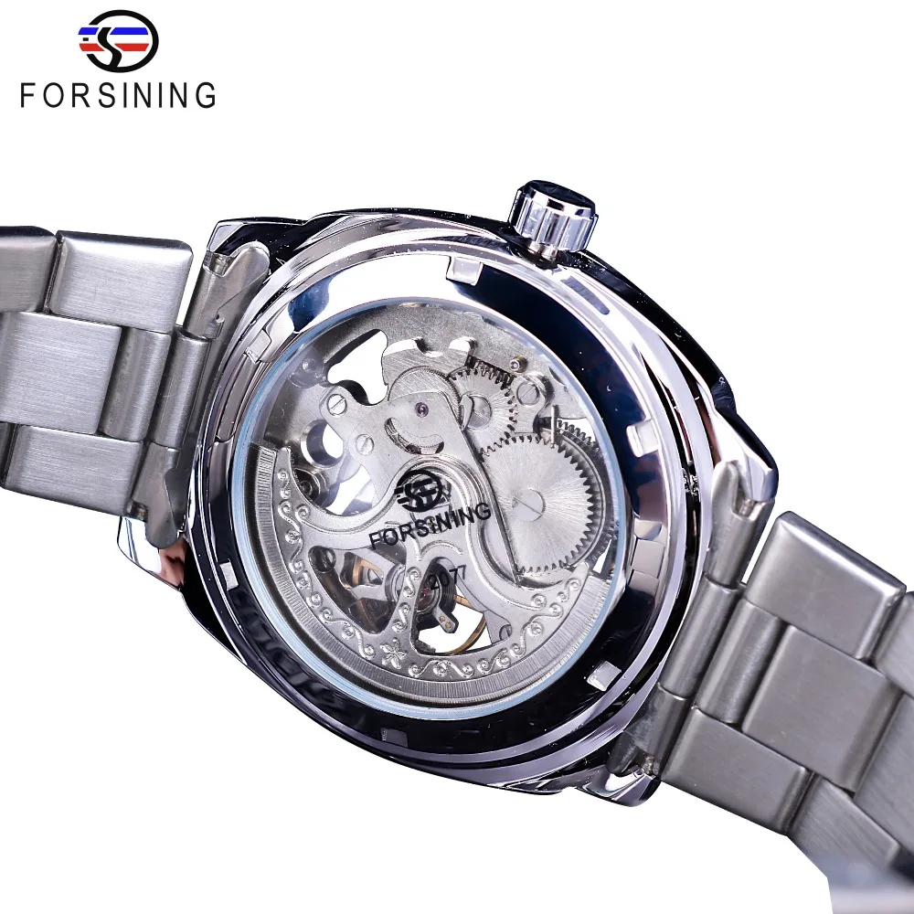 Forsining Silver Watches Folding Clasp with Safety Men\'s Automatic Watches Top Brand Luxury Transparent Watches Luminous Hands