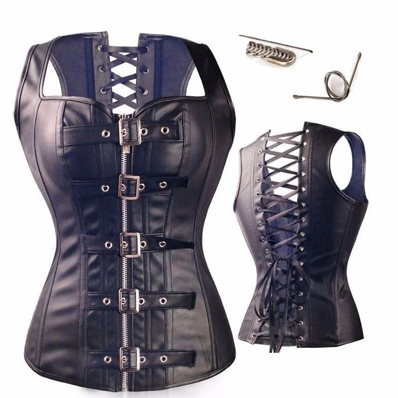 

Sexy Black Faux Leather Buckle Overbust Waistcoat Corset Top Steampunk Women Bustier Cincher Corselet 10 Steel Boned Corset 8200