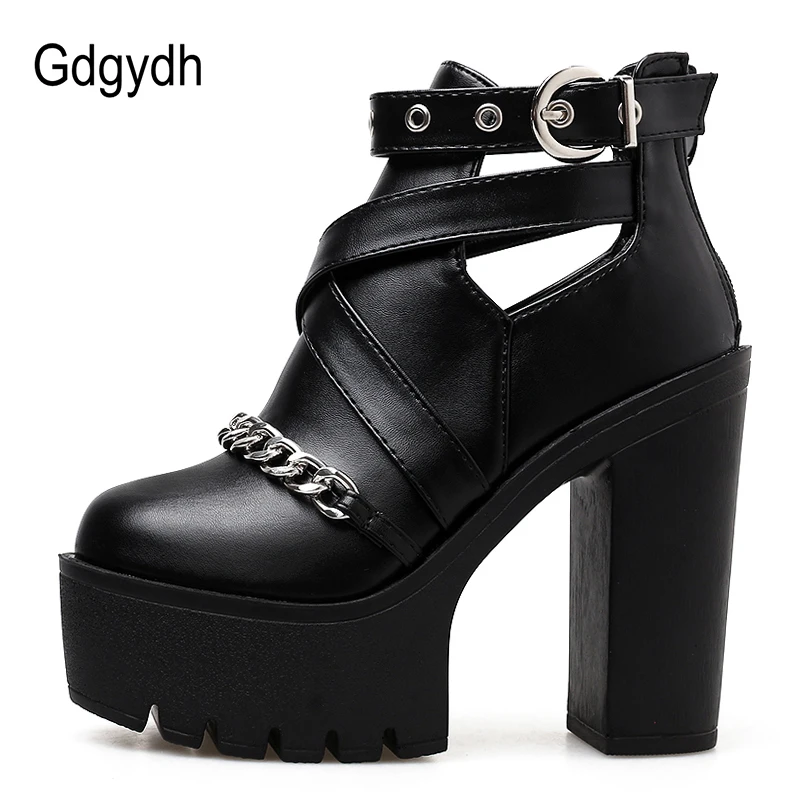 Gdgydh Plus Size 42 Fashion Chain Women Shoes Zipper Square High Heel Ankle Boots For Women Punk Shoes Platform Spring Autumn