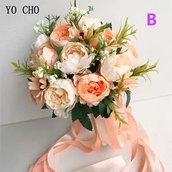 YO CHO Bride Wedding Bouquet Bridesmaid Holding Bouquet Wedding Supplies Artificial Silk Rose Peony Pink Flower Table Decoration