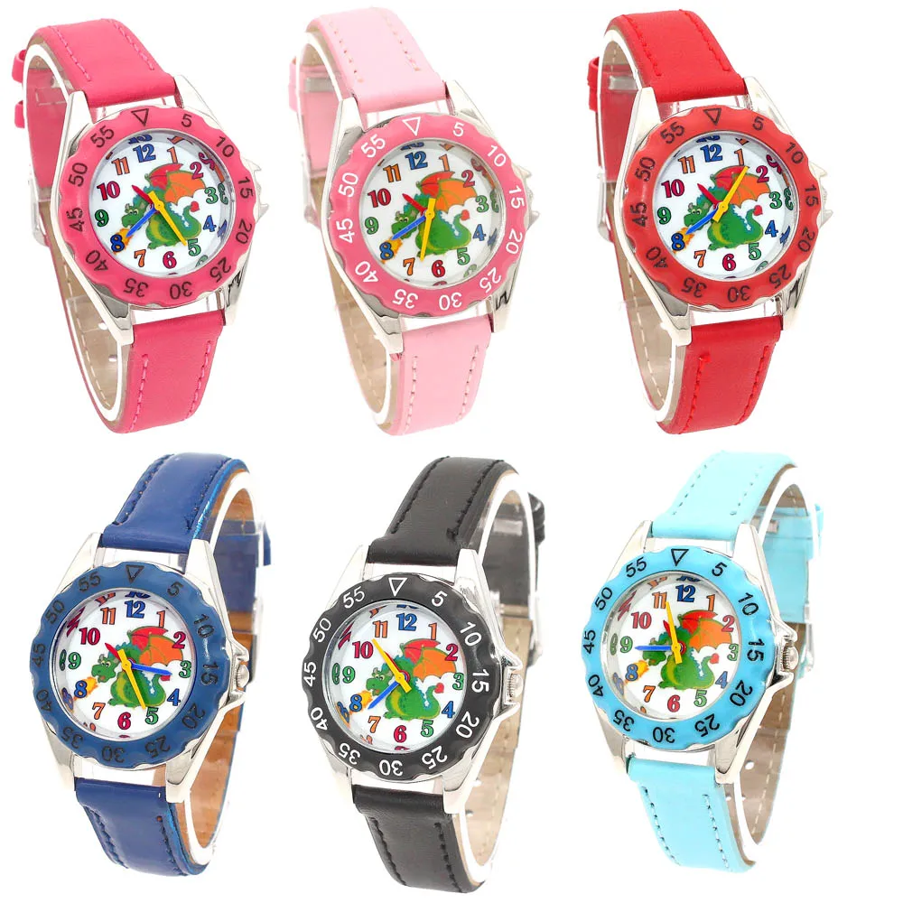 귀여운 화재 공룡 어린이 소녀 가죽 손목 시계 캐주얼 드레스 시계, 패션 어린이 학습 시간 시계 U86B