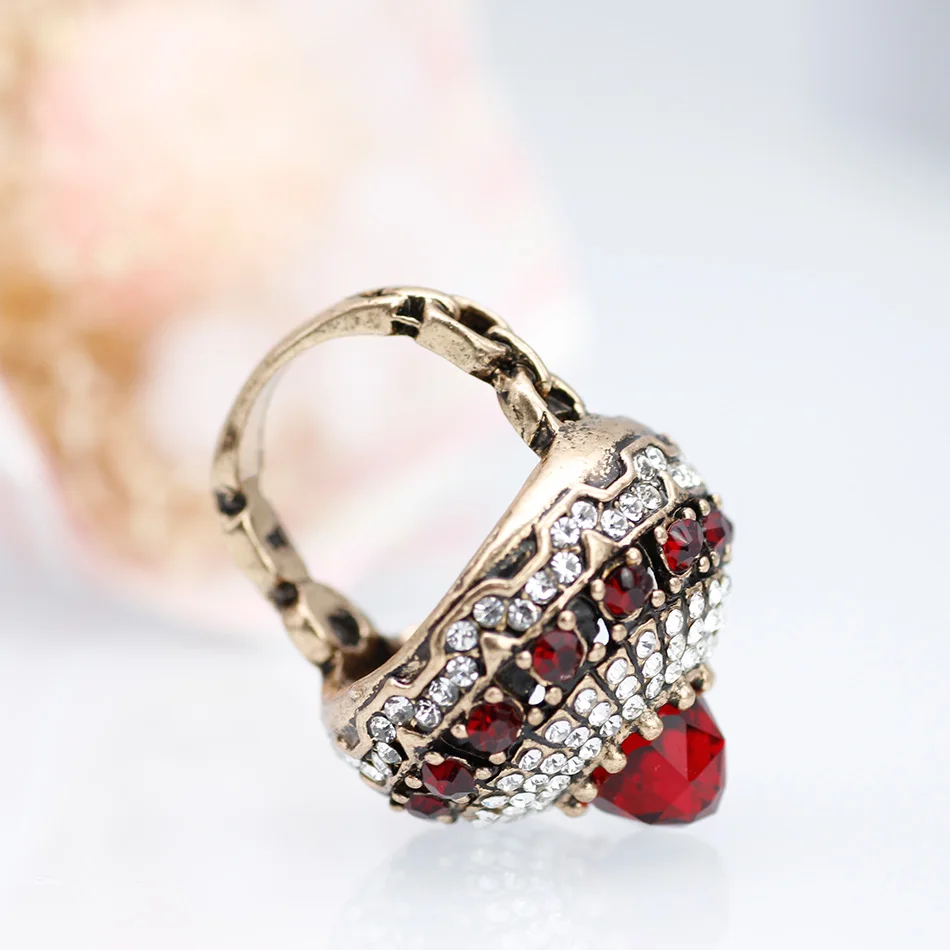 Exquisite Turkish Natural Stone Vintage Rings For Women Antique Gold Color Full Crystal Big Wedding Rings Jewelry 2018 New Style