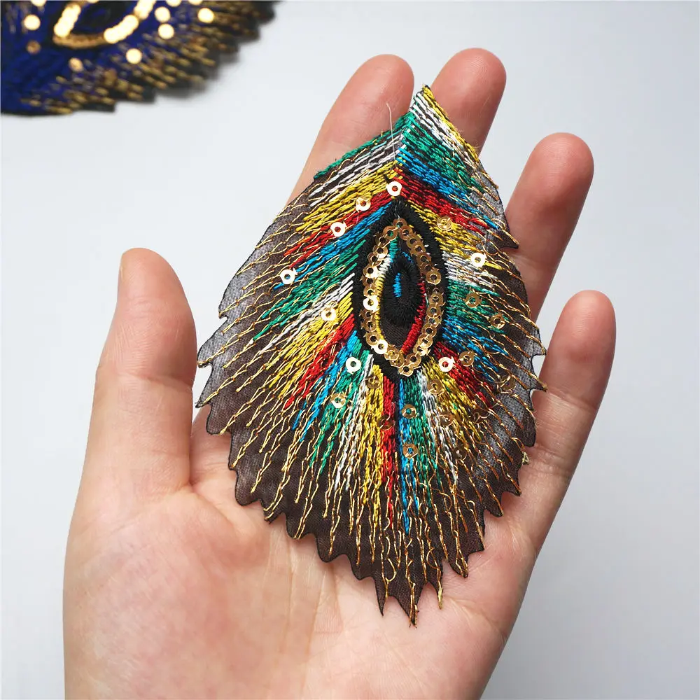 9PCS Rainbow Peacock Feathers Phoenix Sequined Mesh Embroidered Sew Iron On Patches Badges For Dress Shirt DIY Appliques Decor